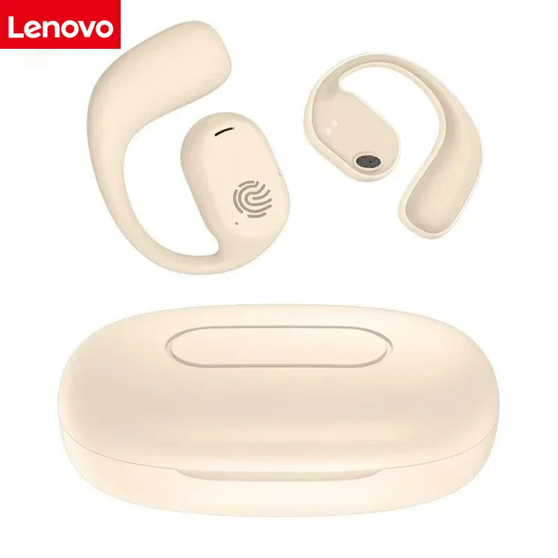Fones de ouvido Lenovo originais com condução óssea, design elegante, esportivos, sem fio, Bluetooth, som estéreo HiFi, controle por toque, cancelamento de ruído.