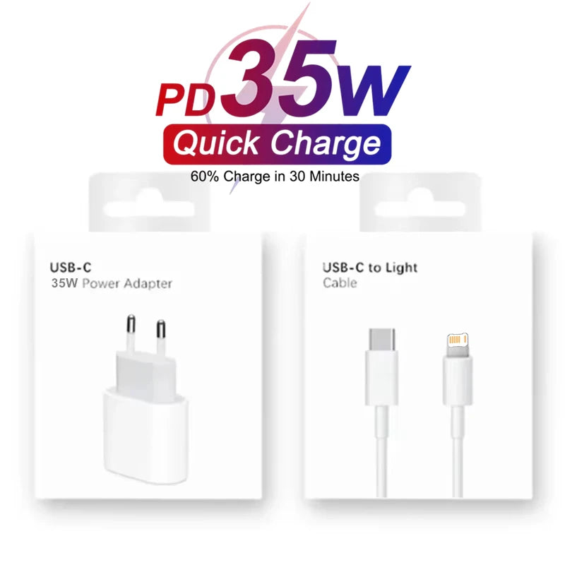 Carregador de parede rápido PD de 35 W para iPhone 11, 12, 13, 14 Pro, XS Max, 8, 14 Plus, X, XR, com cabo de carregamento USB-C e caixa original.