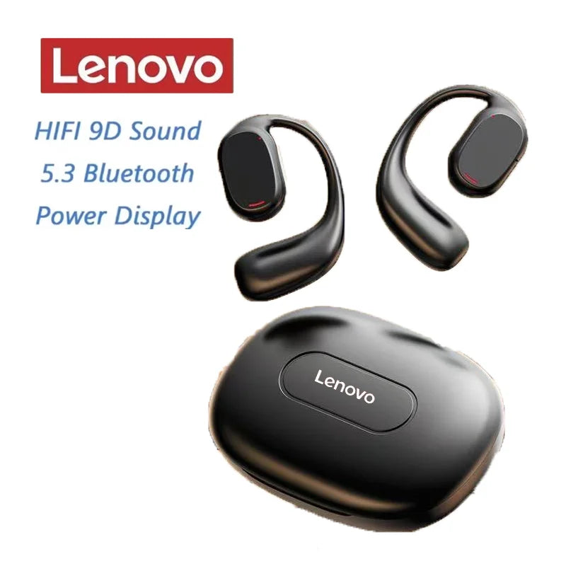 Fones de ouvido Lenovo originais com condução óssea, design elegante, esportivos, sem fio, Bluetooth, som estéreo HiFi, controle por toque, cancelamento de ruído.