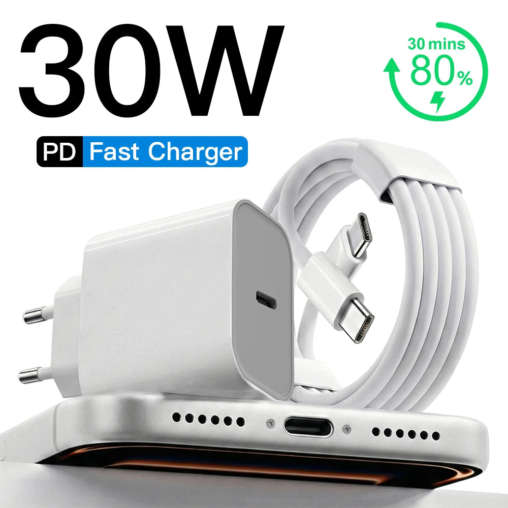 Carregador rápido PD de 30 W para iPhone 12, 13, 14, 15, 16, 17 Pro Max Plus, cabo de carregamento rápido USB-C para Lightning, adaptador de energia tipo C para C.