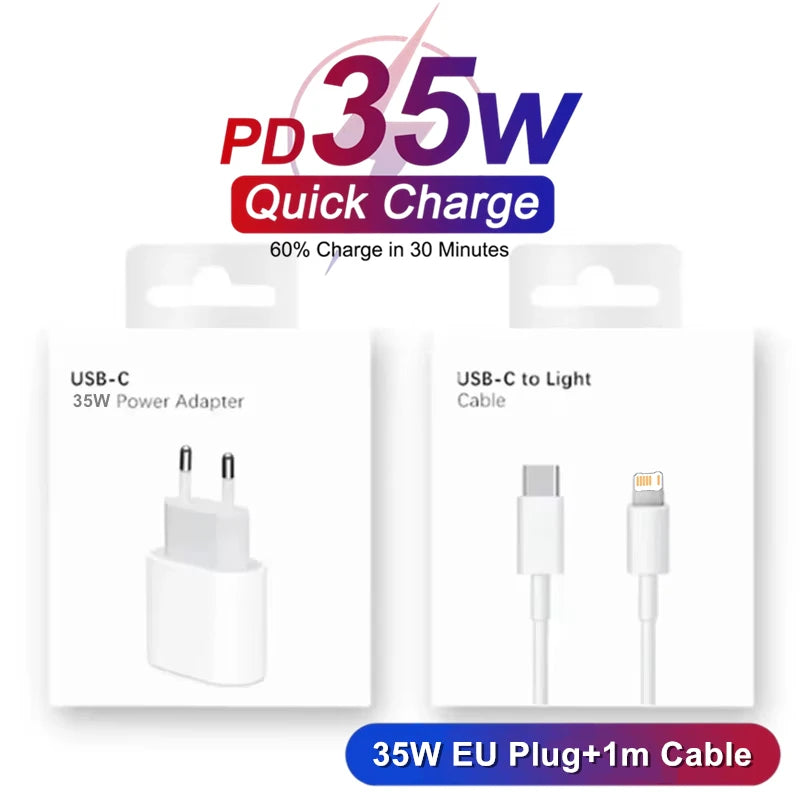 Carregador de parede rápido PD de 35 W para iPhone 11, 12, 13, 14 Pro, XS Max, 8, 14 Plus, X, XR, com cabo de carregamento USB-C e caixa original.