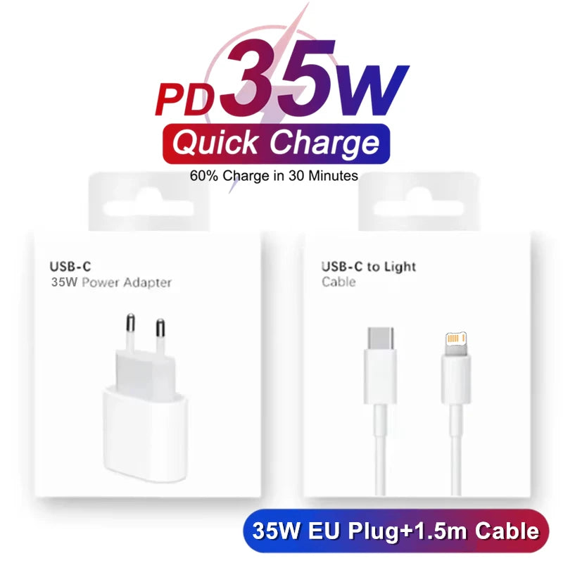Carregador de parede rápido PD de 35 W para iPhone 11, 12, 13, 14 Pro, XS Max, 8, 14 Plus, X, XR, com cabo de carregamento USB-C e caixa original.