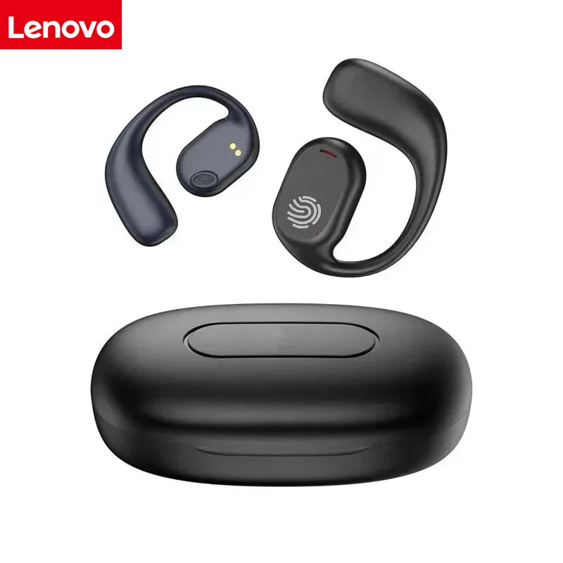 Fones de ouvido Lenovo originais com condução óssea, design elegante, esportivos, sem fio, Bluetooth, som estéreo HiFi, controle por toque, cancelamento de ruído.