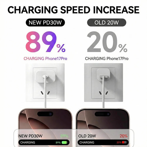 Carregador rápido PD de 30 W para iPhone 12, 13, 14, 15, 16, 17 Pro Max Plus, cabo de carregamento rápido USB-C para Lightning, adaptador de energia tipo C para C.